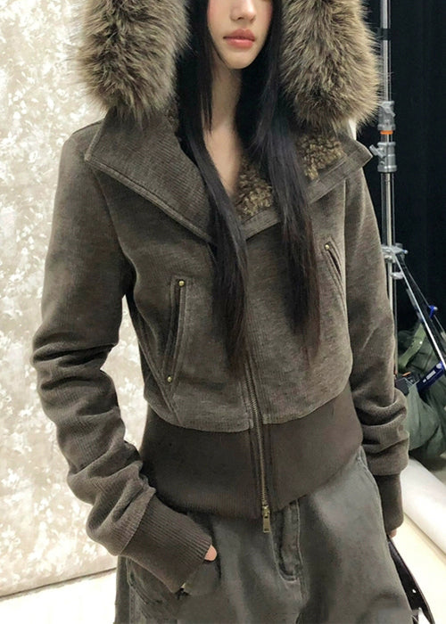 Slim Fit Brown Hooded Zippered Patchwork Warm Fleece Parka Winter