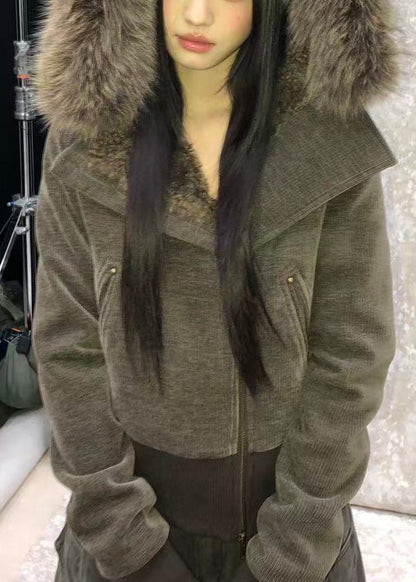 Slim Fit Brown Hooded Zippered Patchwork Warm Fleece Parka Winter