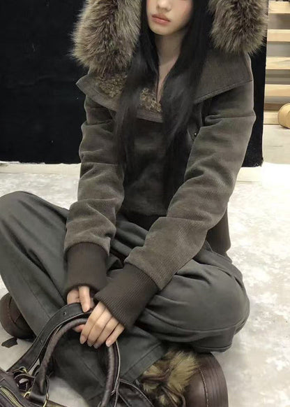 Slim Fit Brown Hooded Zippered Patchwork Warm Fleece Parka Winter