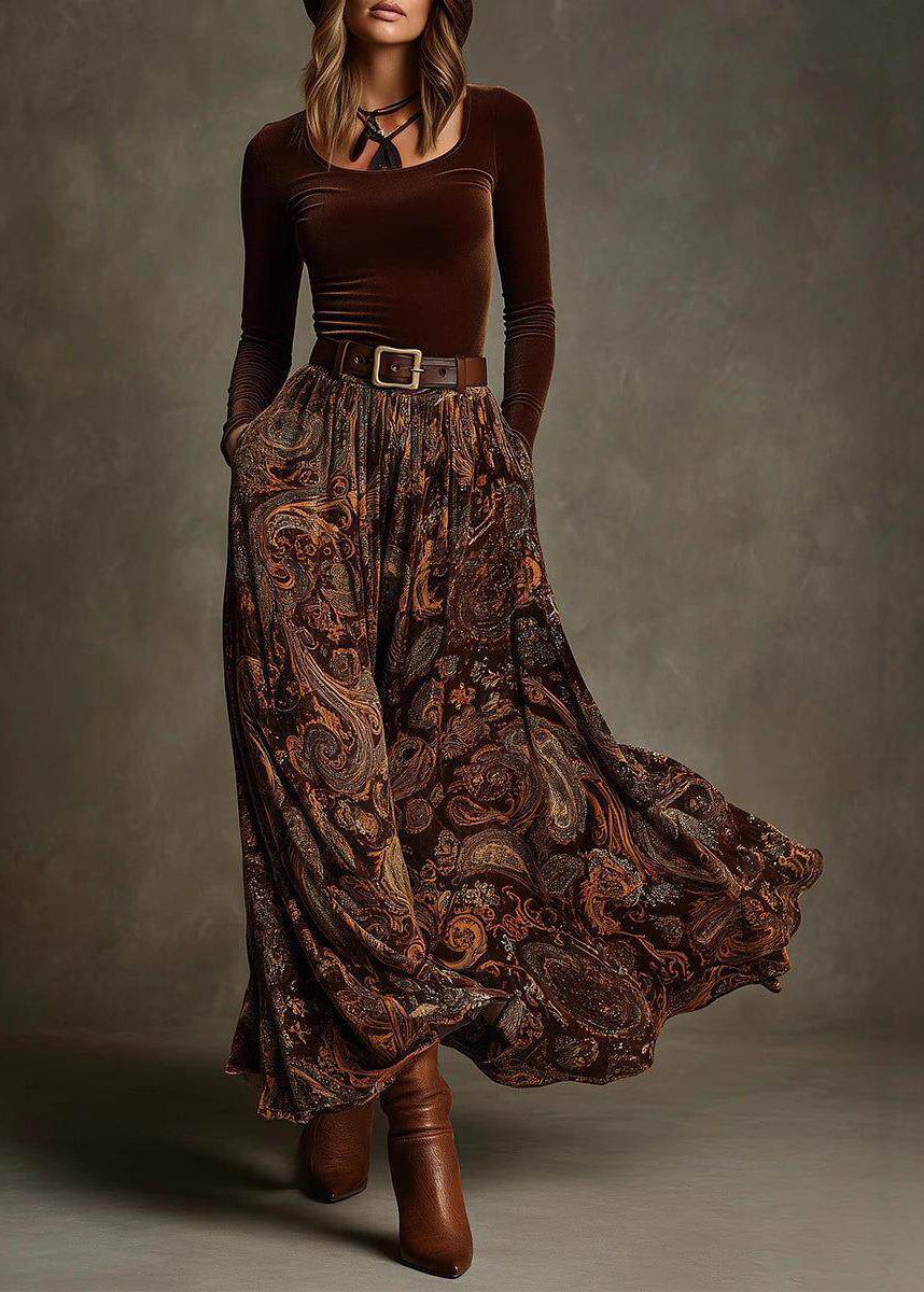 Slim Fit Caramel Silk Velour Patchwork Fake Two-Piece Maxi Dress Fall
