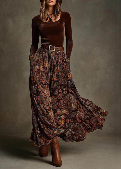 Slim Fit Caramel Silk Velour Patchwork Fake Two-Piece Maxi Dress Fall