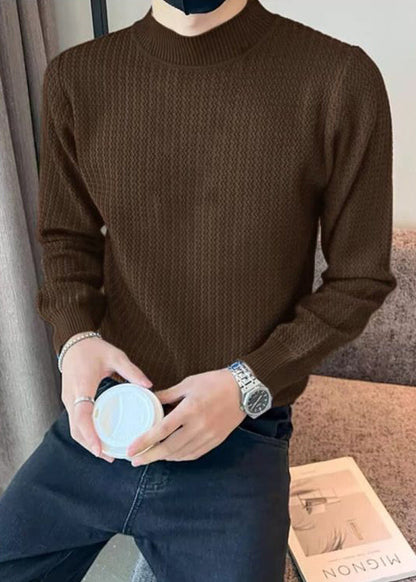 Slim Fit Coffee Cozy Solid Knit Men Sweater Long Sleeve