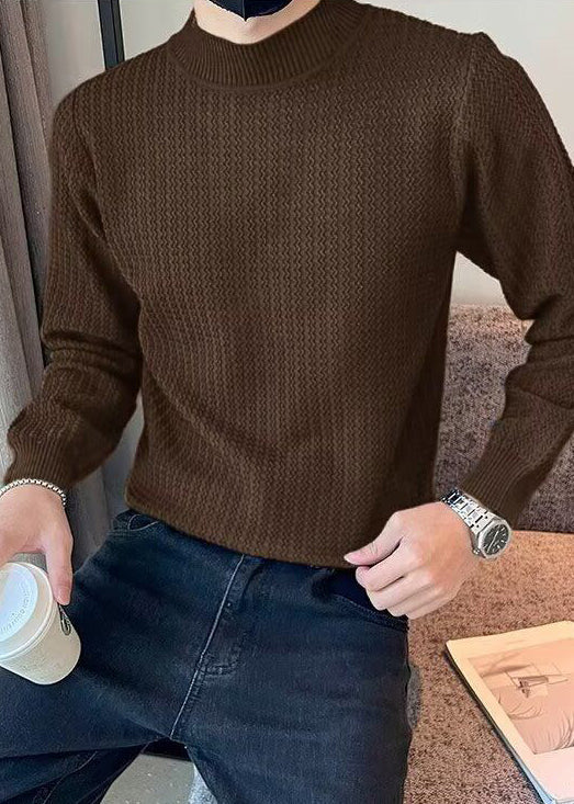 Slim Fit Coffee Cozy Solid Knit Men Sweater Long Sleeve