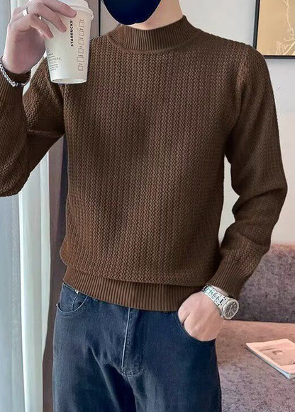 Slim Fit Coffee Cozy Solid Knit Men Sweater Long Sleeve