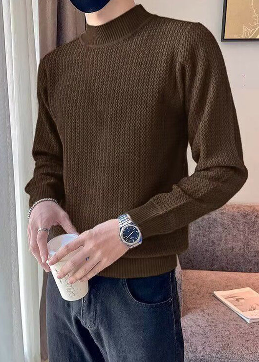 Slim Fit Coffee Cozy Solid Knit Men Sweater Long Sleeve