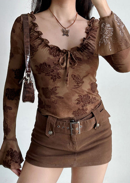 Slim Fit Coffee Print Lace Up Cotton T Shirt Fall