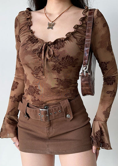 Slim Fit Coffee Print Lace Up Cotton T Shirt Fall