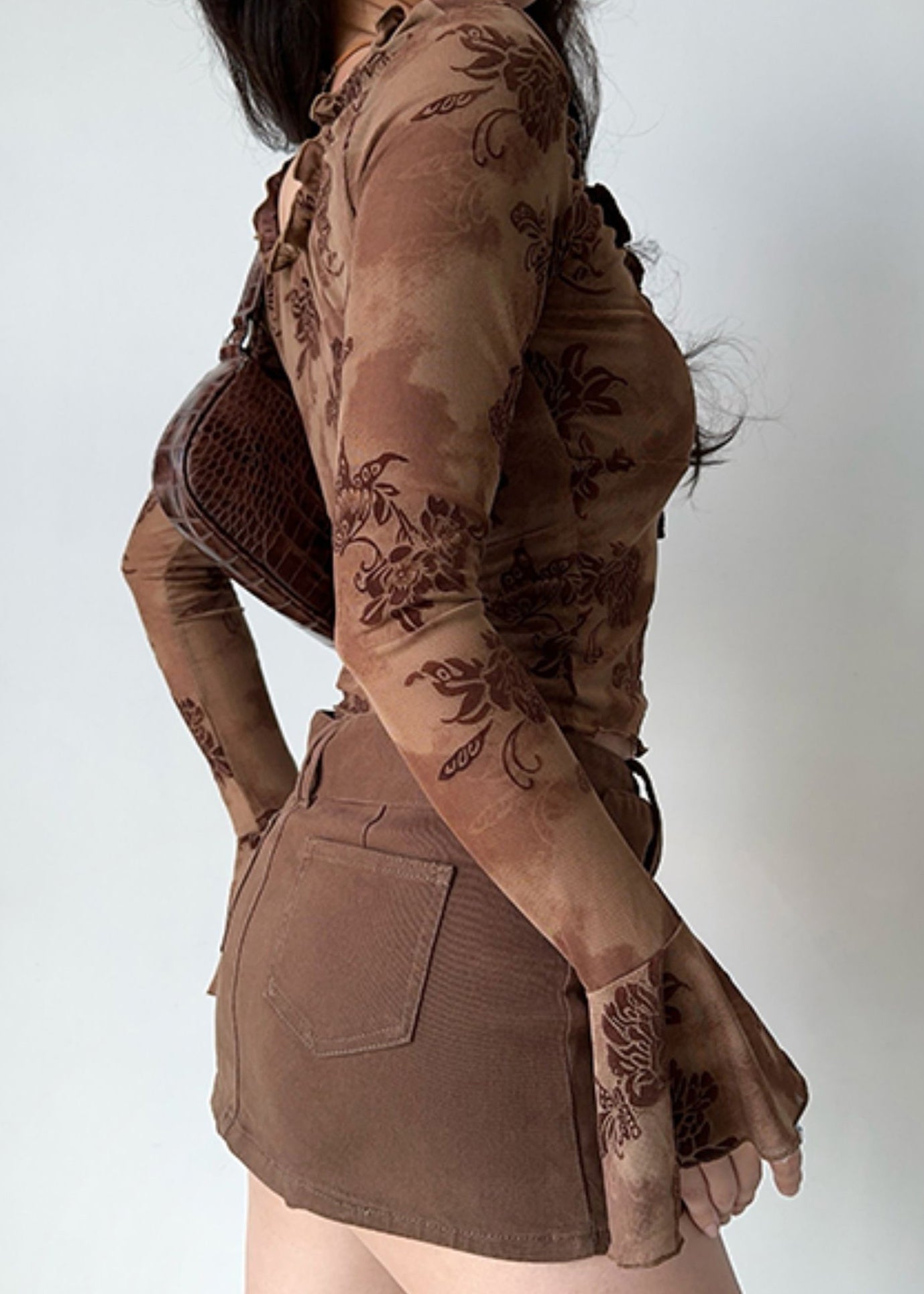 Slim Fit Coffee Print Lace Up Cotton T Shirt Fall