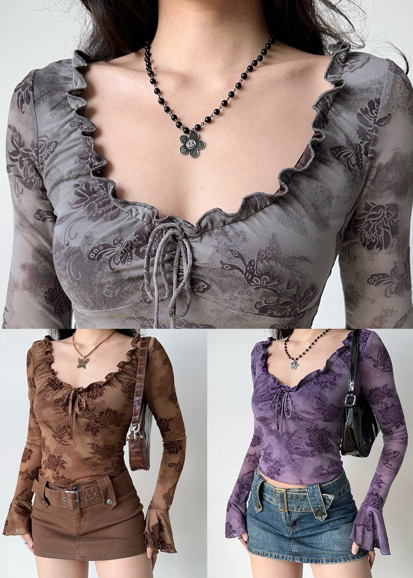 Slim Fit Coffee Print Lace Up Cotton T Shirt Fall