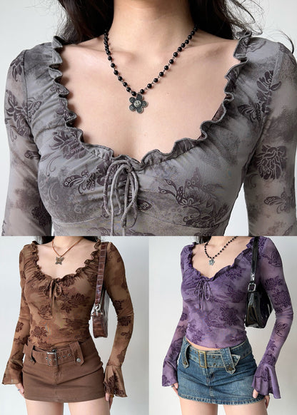 Slim Fit Coffee Print Lace Up Cotton T Shirt Fall