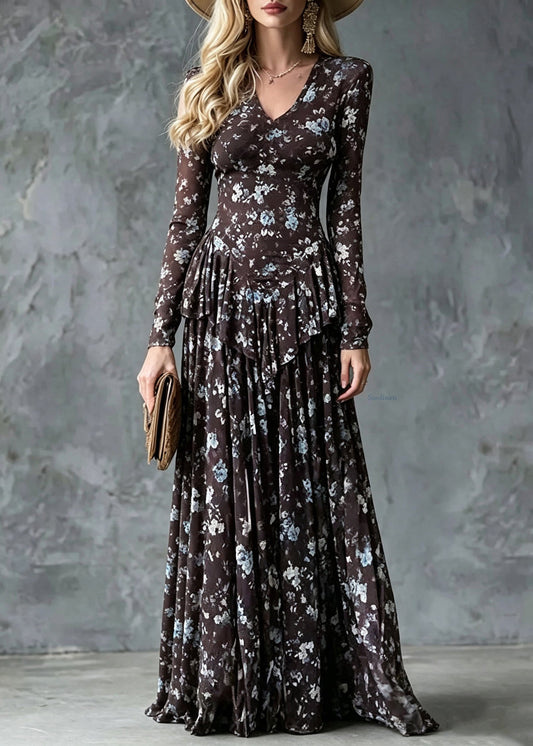 Slim Fit Coffee V Neck Print Tie Waist Long Dress Fall