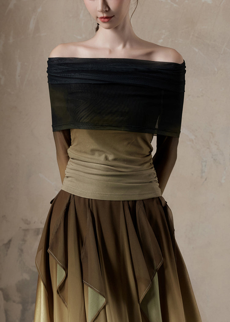 Camiseta de tul con cuello oblicuo y degradado de color, corte entallado, primavera