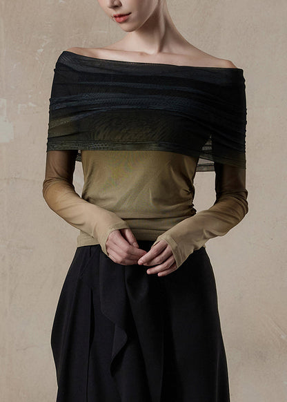 Camiseta de tul con cuello oblicuo y degradado de color, corte entallado, primavera