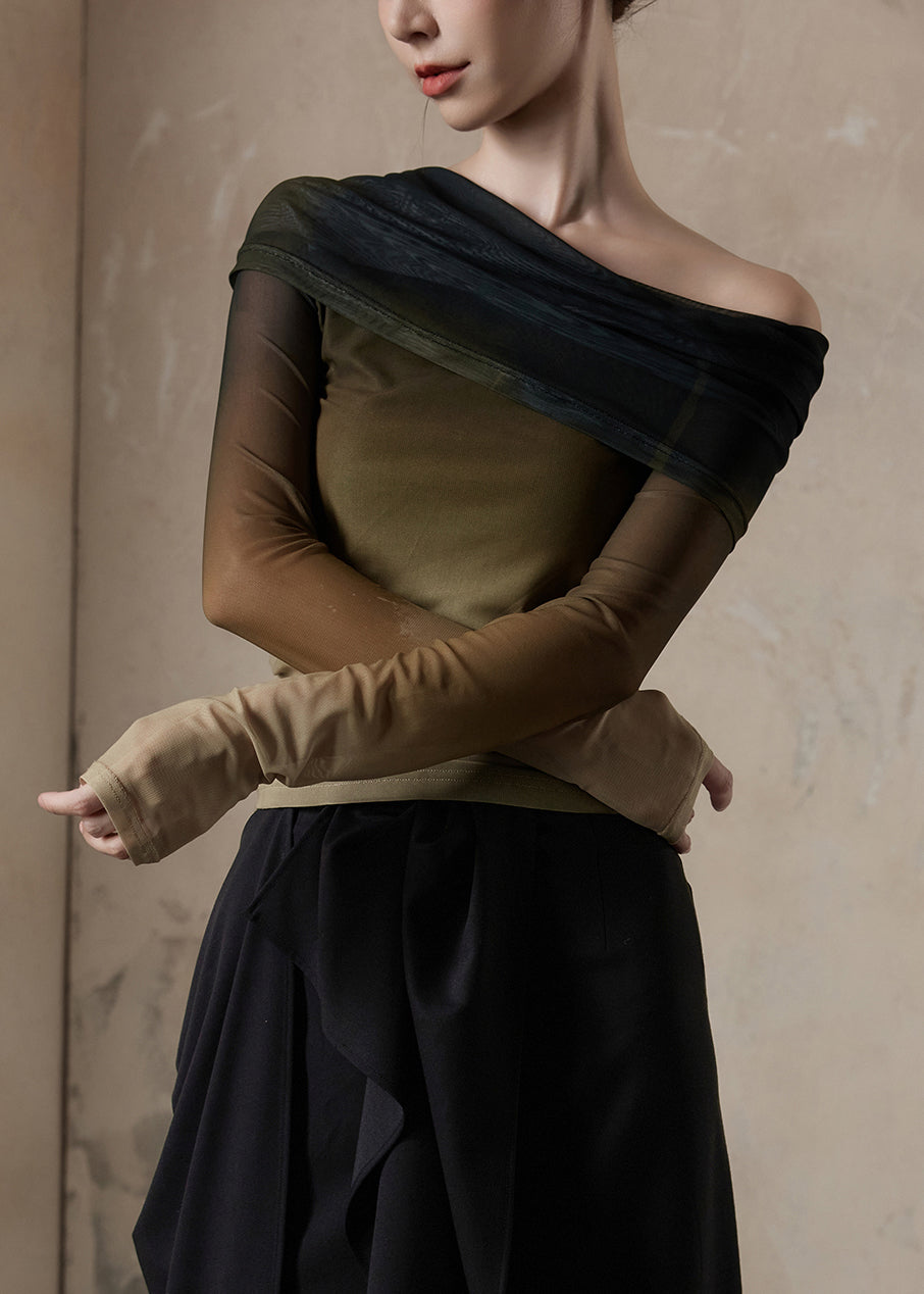Camiseta de tul con cuello oblicuo y degradado de color, corte entallado, primavera