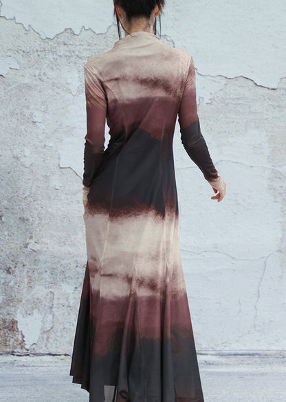 Schmal geschnittene, farbverlaufende Rollkragen-Tüllkleider, lange Frühlingskleider