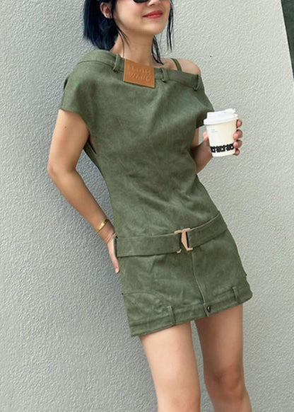 Schmal geschnittene grüne asymmetrische Jeans-Minikleider mit hohem Bund für den Sommer