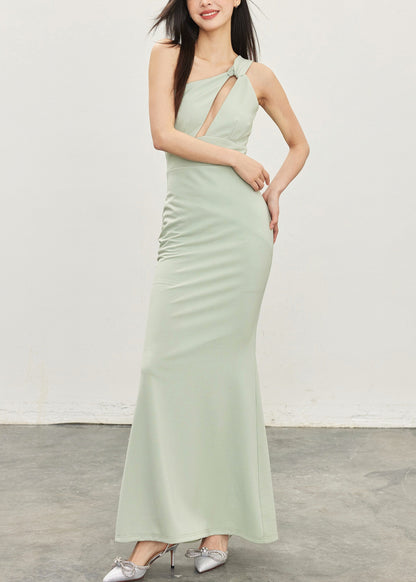 Slim Fit Green Asymmetrical Hollow Out Cotton Long Dresses Sleeveless