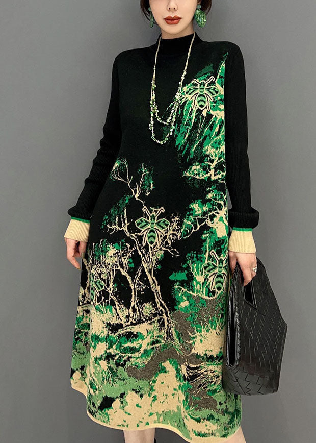 Slim Fit Grünes Strickkleid mit Stehkragen und Print für den Winter