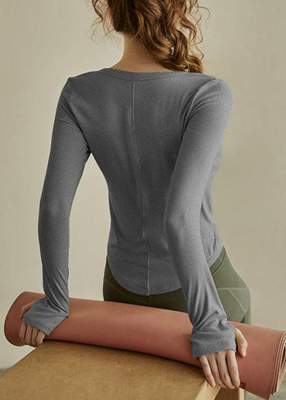 Slim Fit Green Patchwork Button Solid Yoga Top