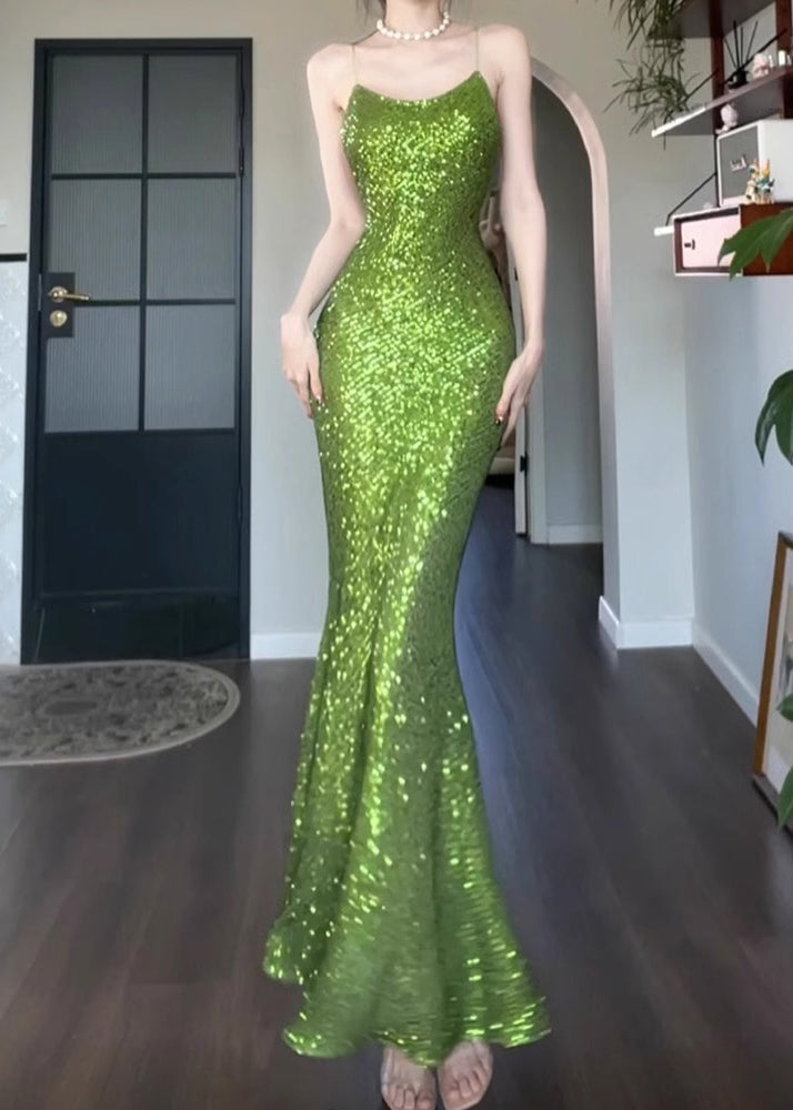 Slim Fit Green Sequins Solid Spaghetti Strap Dress Sleeveless