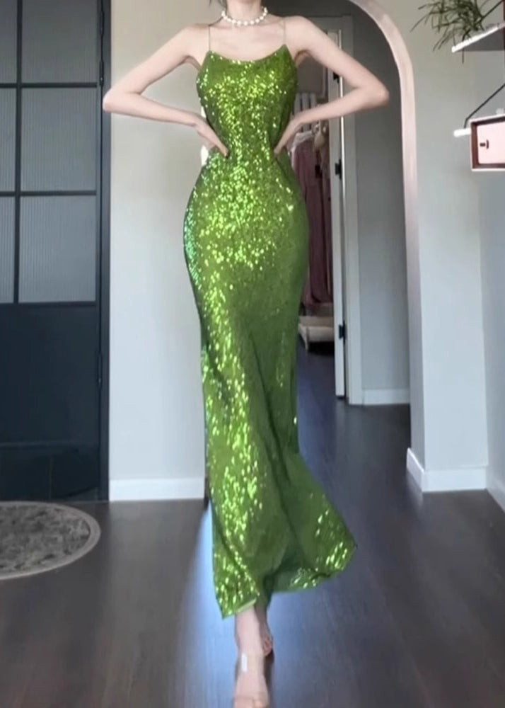 Slim Fit Green Sequins Solid Spaghetti Strap Dress Sleeveless