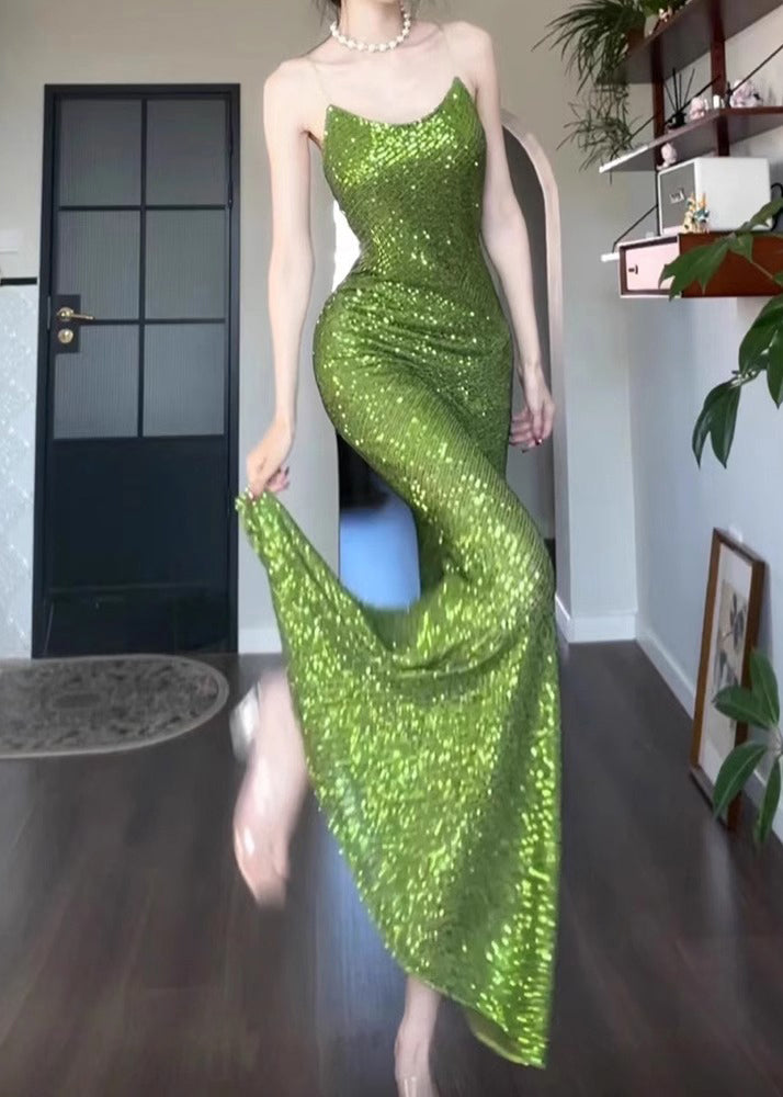 Slim Fit Green Sequins Solid Spaghetti Strap Dress Sleeveless