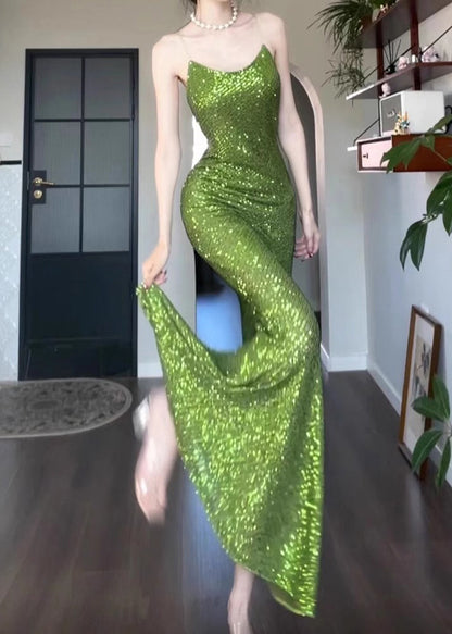 Slim Fit Green Sequins Solid Spaghetti Strap Dress Sleeveless