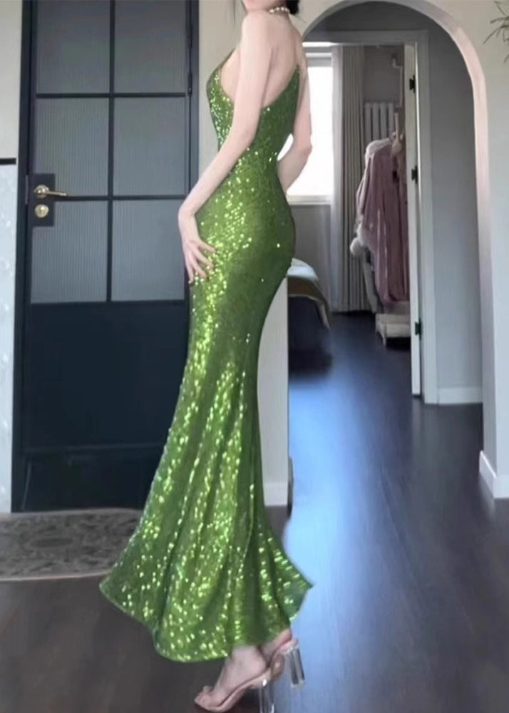 Slim Fit Green Sequins Solid Spaghetti Strap Dress Sleeveless