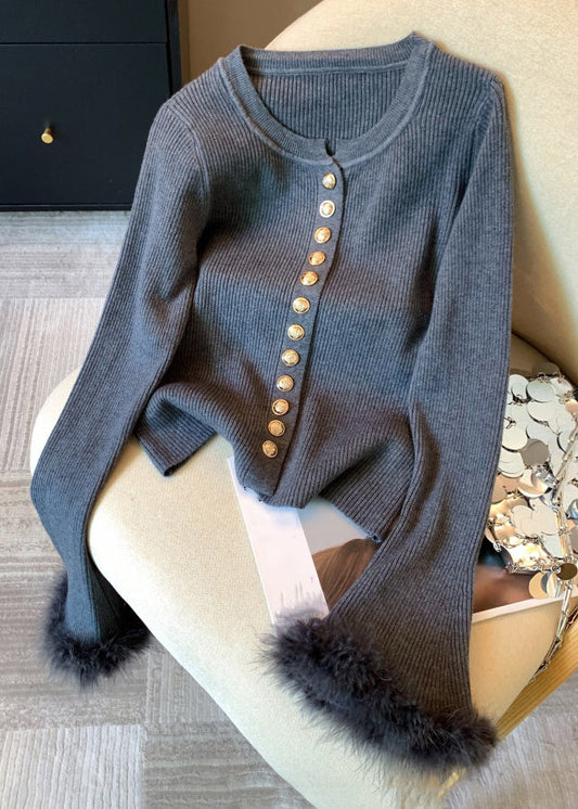 Slim Fit Grey Fluffy Patchwork Knit Sweaters Flare Sleeve