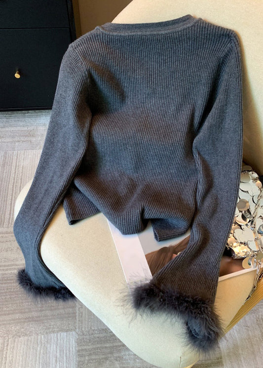 Slim Fit Grey Fluffy Patchwork Knit Sweaters Flare Sleeve