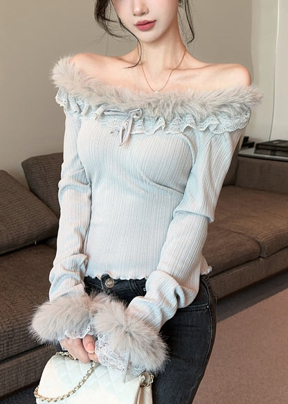 Slim Fit Grey Fur Collar Lace Patchwork Cotton T Shirt Winter