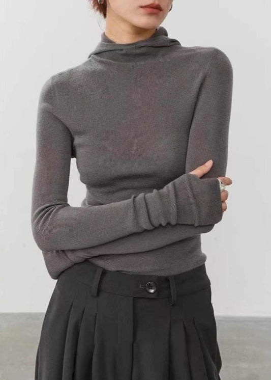 Slim Fit Grey Hooded Base Layey Knit Sweater Fall