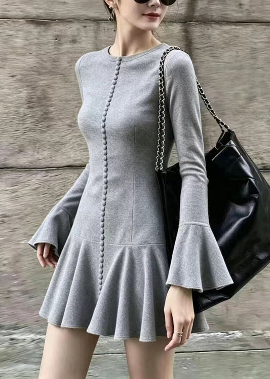 Slim Fit Grey O-Neck Mini Dress Flare Sleeve