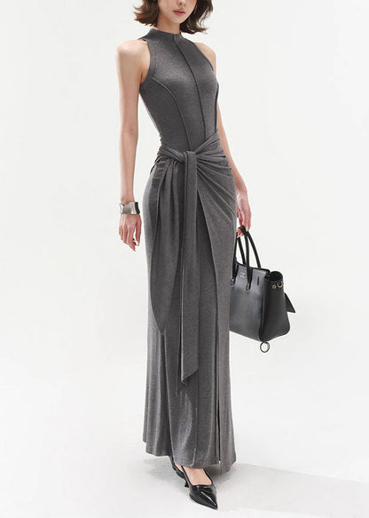 Slim Fit Grey Original Design Tie Waist Cotton Long Dresses Sleeveless