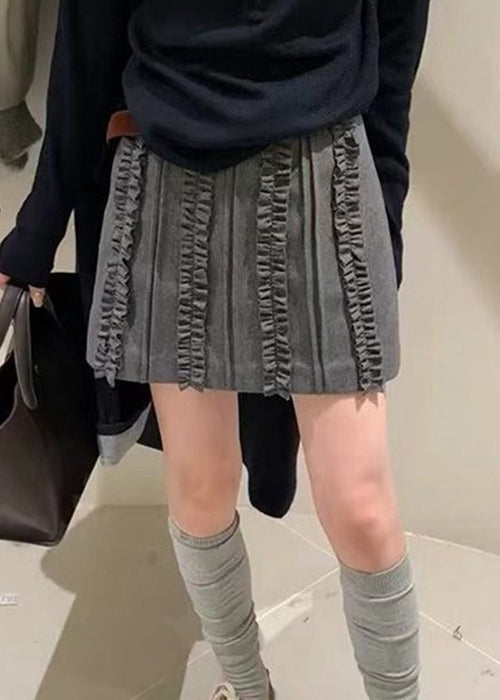 Slim Fit Grey Ruffled High Waist Woolen Skirts Fall
