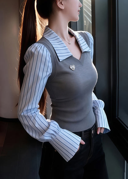 Slim Fit Grey Striped False Two Pieces Patchwork Knit Sweaters Winter