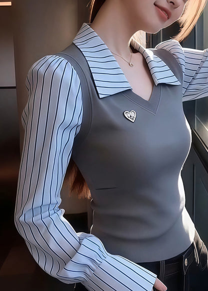 Slim Fit Grey Striped False Two Pieces Patchwork Knit Sweaters Winter