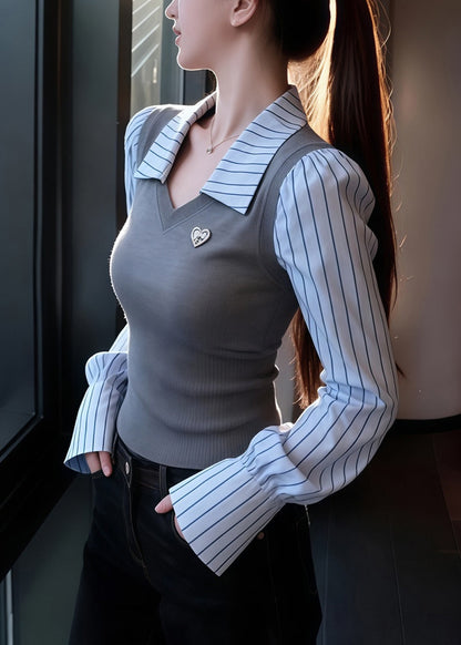 Slim Fit Grey Striped False Two Pieces Patchwork Knit Sweaters Winter