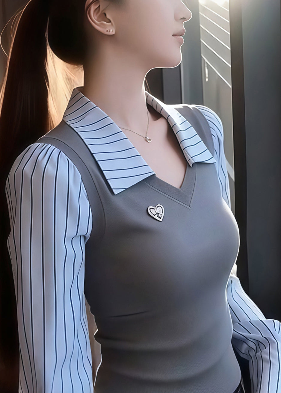 Slim Fit Grey Striped False Two Pieces Patchwork Knit Sweaters Winter