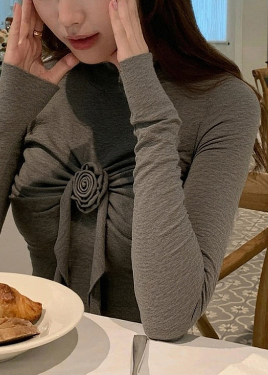 Slim Fit Grey Turtleneck Floral Cotton T Shirts Winter