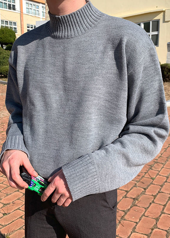 Slim Fit Grey Turtleneck Solid Knit Men Sweater Tops Winter