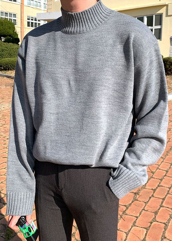 Slim Fit Grey Turtleneck Solid Knit Men Sweater Tops Winter