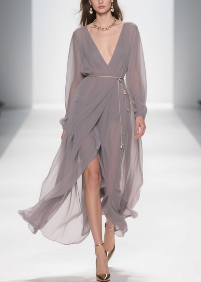 Slim Fit Grey V Neck Side Open Chiffon Long Dress