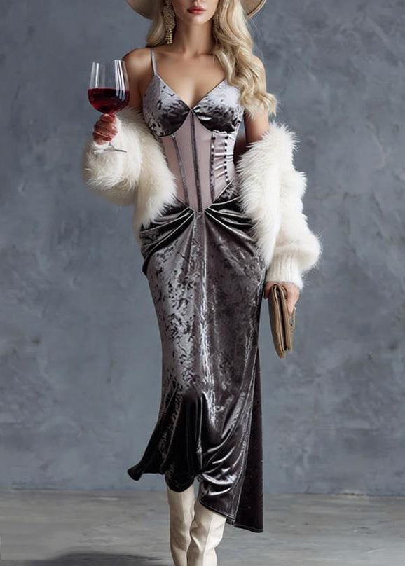 Slim Fit Grey Wrinkled Tulle Patchwork Spaghetti Strap Dress Sleeveless