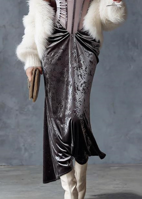 Slim Fit Grey Wrinkled Tulle Patchwork Spaghetti Strap Dress Sleeveless