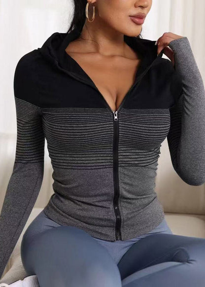 Slim Fit Grey Zippered Striped Yoga Top Spring