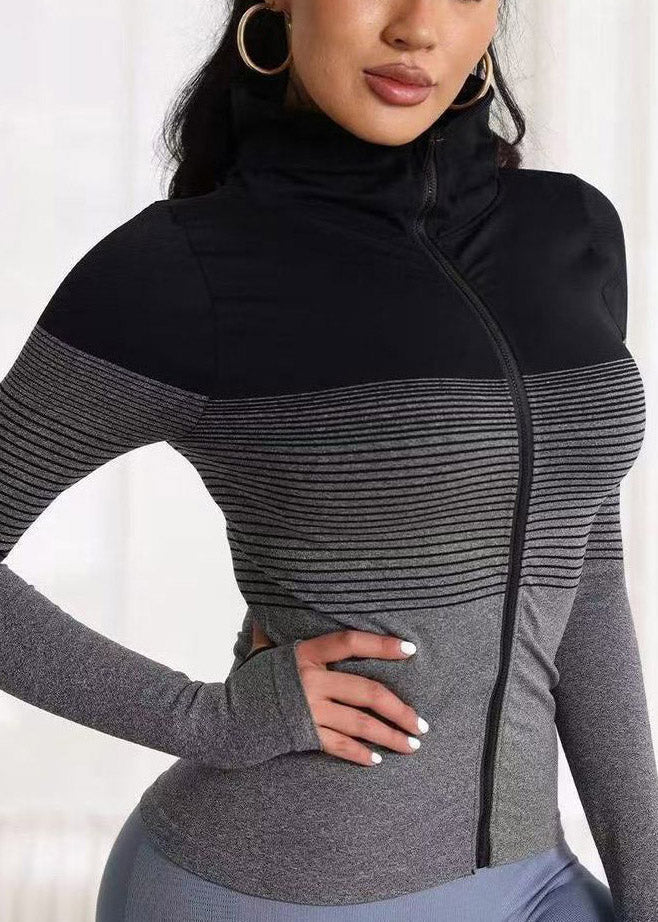 Slim Fit Grey Zippered Striped Yoga Top Spring