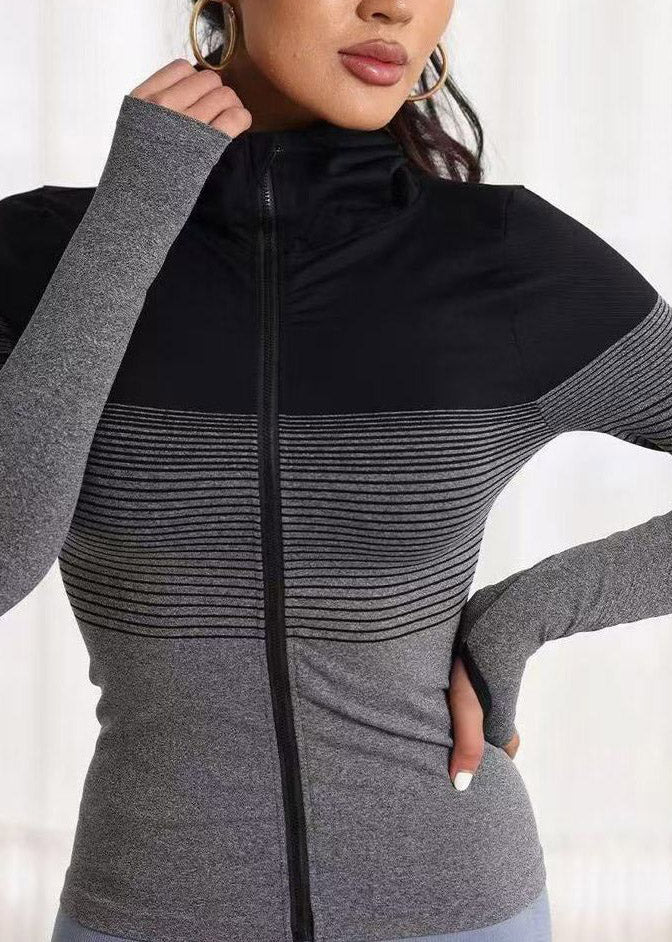 Slim Fit Grey Zippered Striped Yoga Top Spring