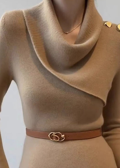 Suéter de punto de algodón con escote drapeado y corte entallado de color caqui para primavera