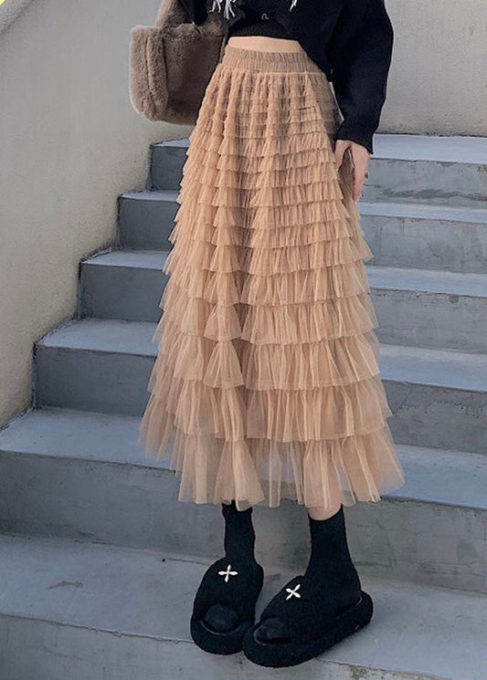 Slim Fit Khaki Elastische Taille Tüll A-Linie Röcke Frühling